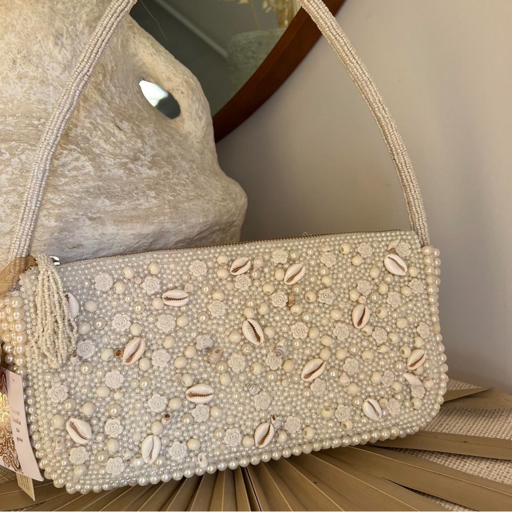 Viral Pearl and Seashell Beaded White Bag, Handcrafted In India, NWT